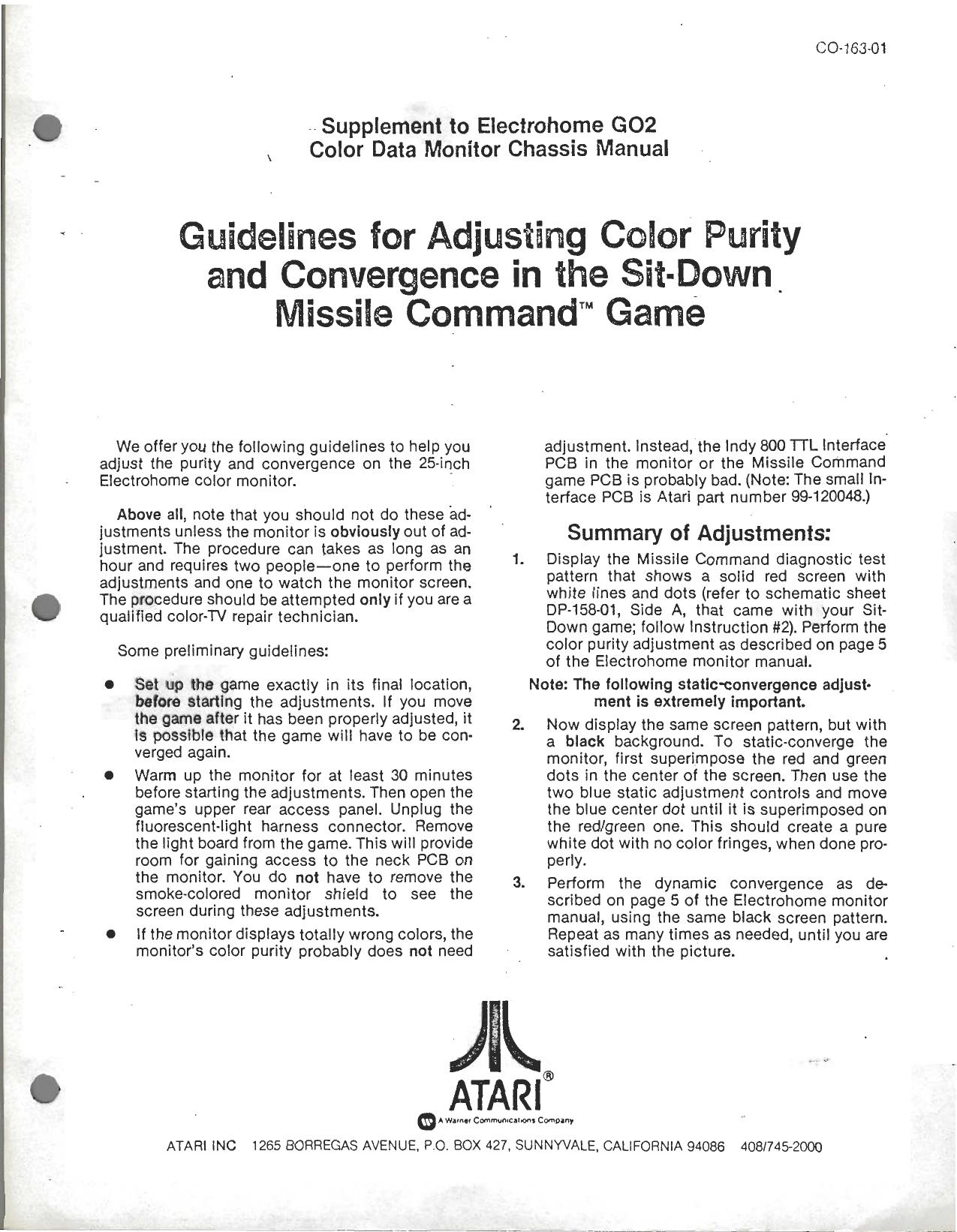 Missle Command Sitdown CO-163-01 (Supplement for G02)