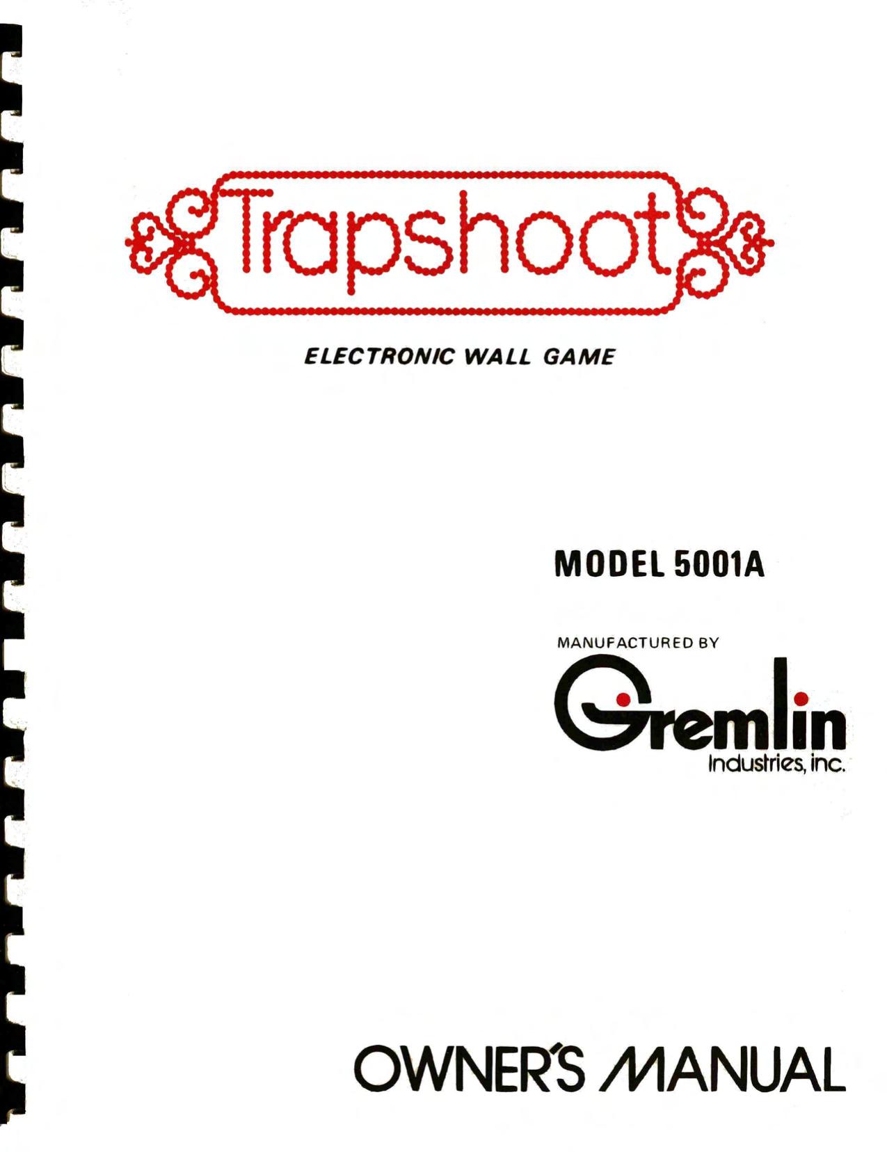 Trapshoot Electronic Wall Game Model 5001A (Revised Feb 1977)