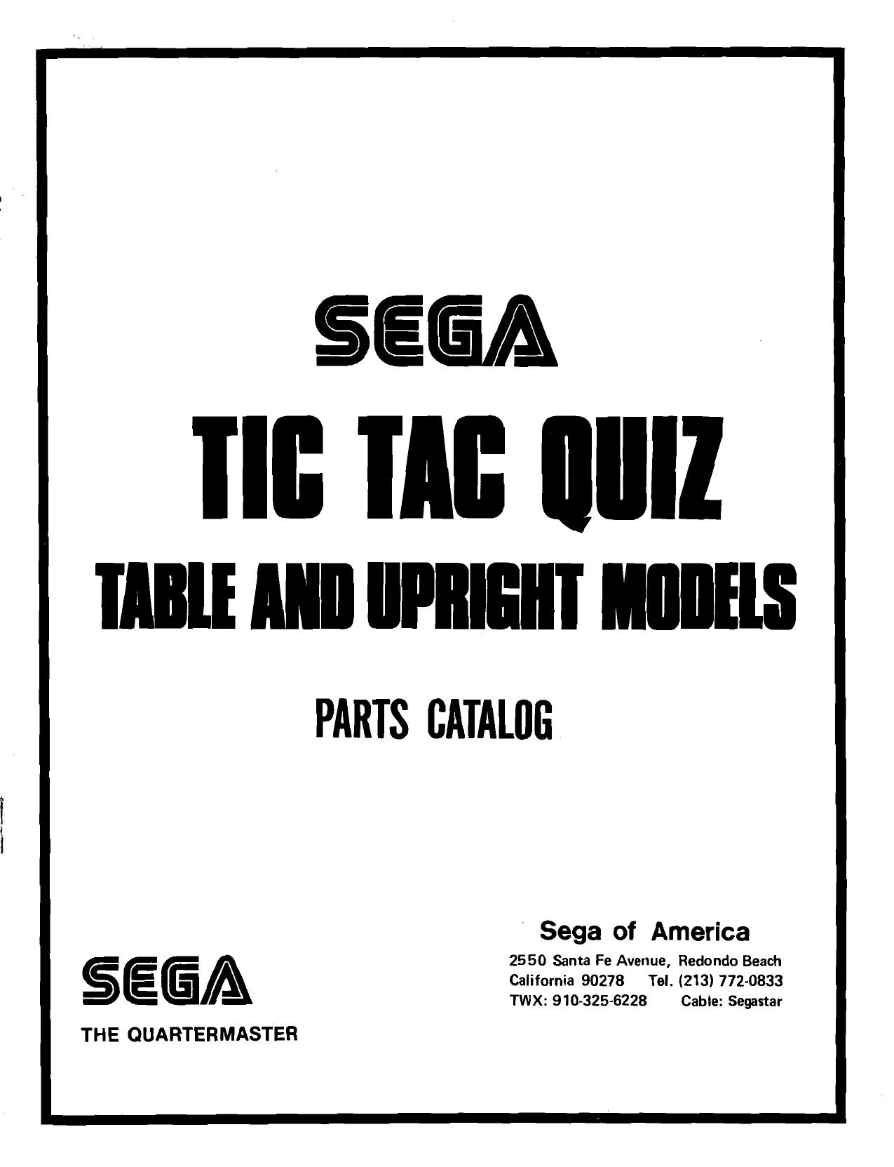 Tic Tac Quiz Table and Upright Models Parts Catalog
