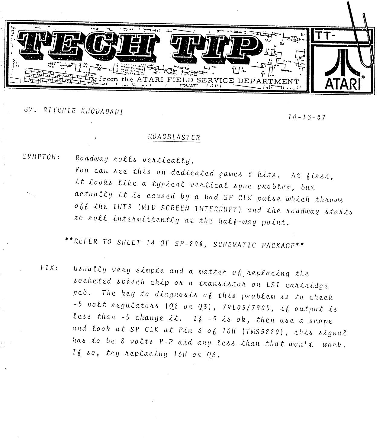 Road Blasters TechTip 10-13-1987