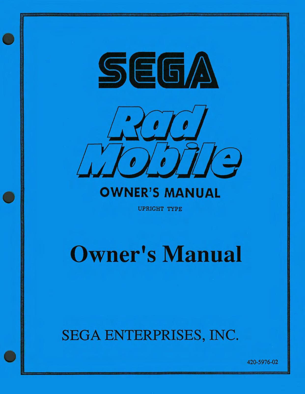 Rad Mobile Sega Upright Type Owners Manual (420-55976-02)