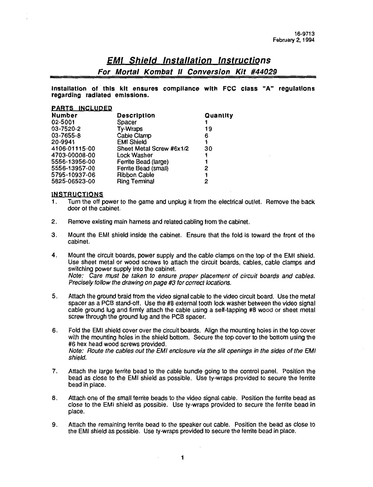 Mortal Kombat 2 Kit (16-44029) Amendment (16-9713 Feb 2 1994)