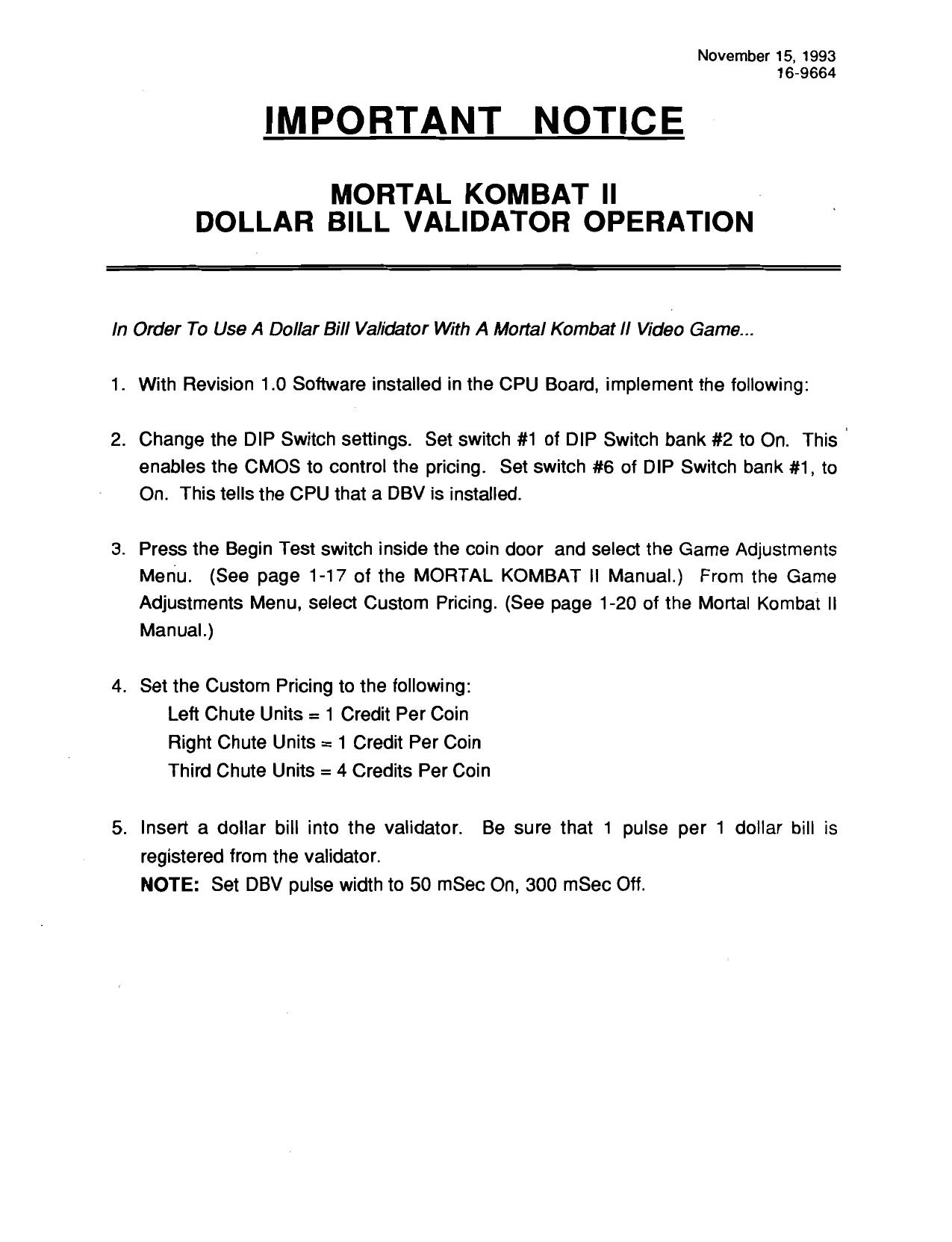 Mortal Kombat 2 (Dollar Bill Validtor Operation (16-9664 Nov 15 1997)