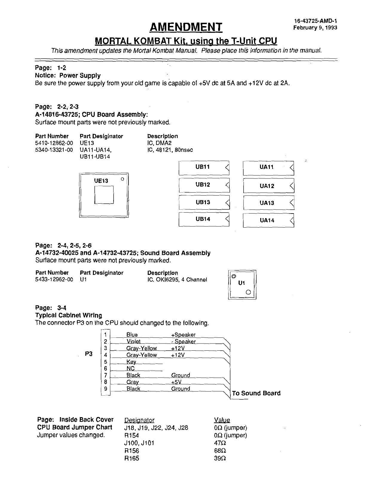 Mortal Kombat 1 Kit T-Unit CPU Ademendment (16-43725-AMD-1 Feb 9 1993)
