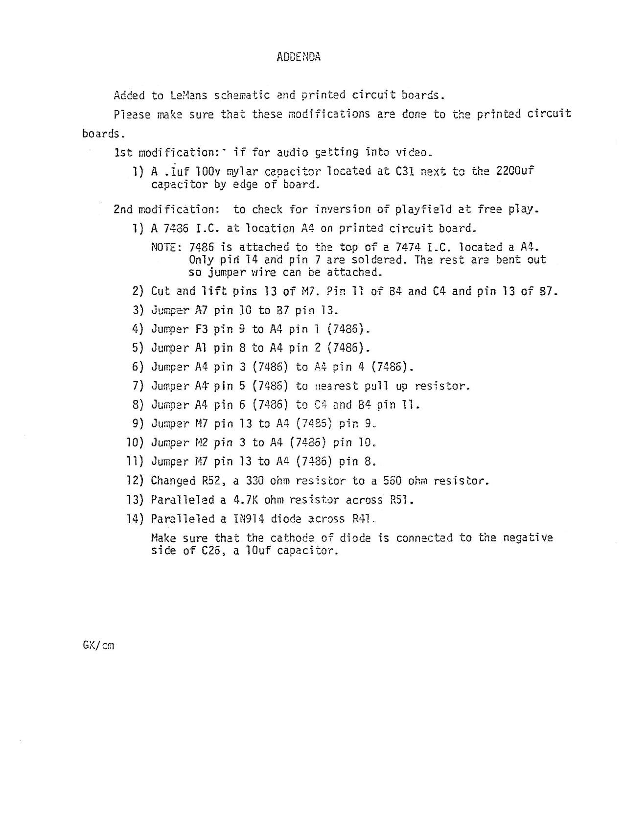 Lemans TM-077 Addenda and Spare Parts List