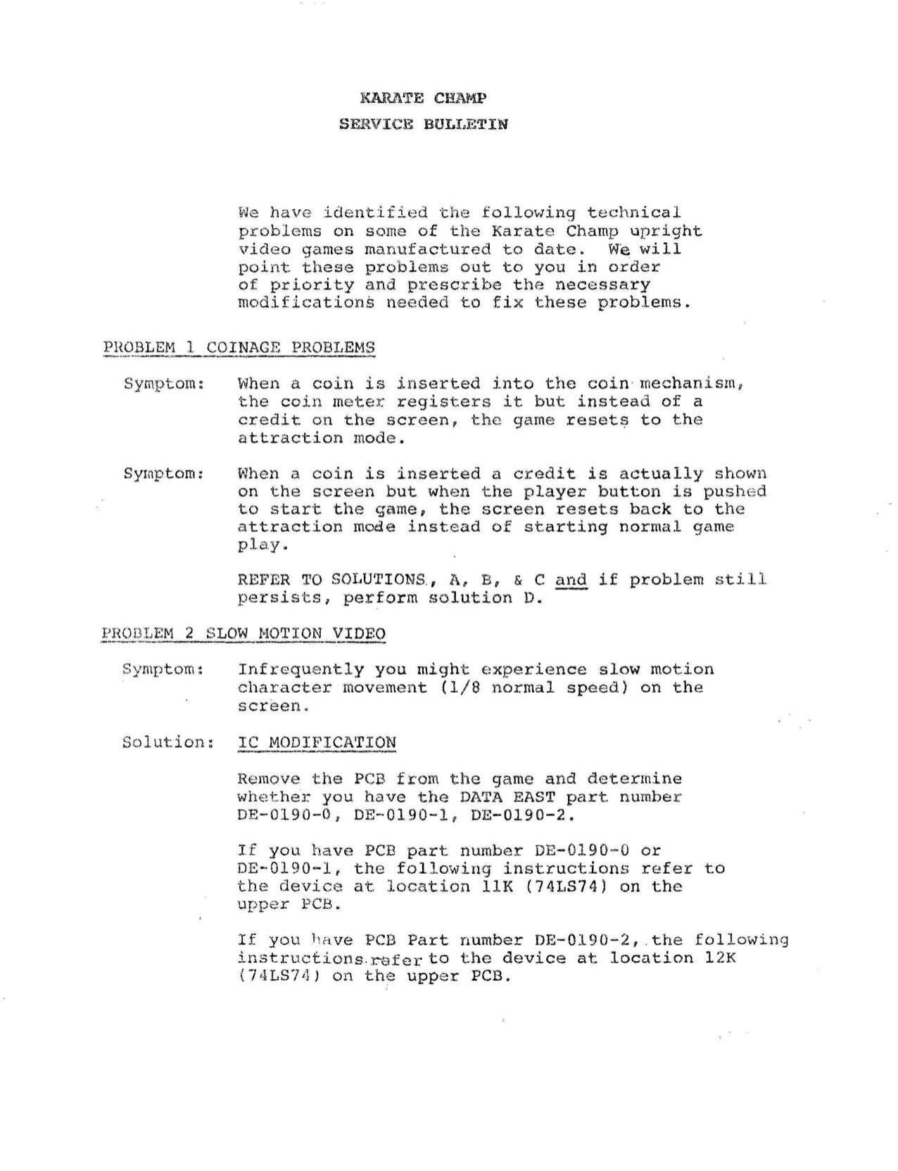 Karate Champ Service Bulletin