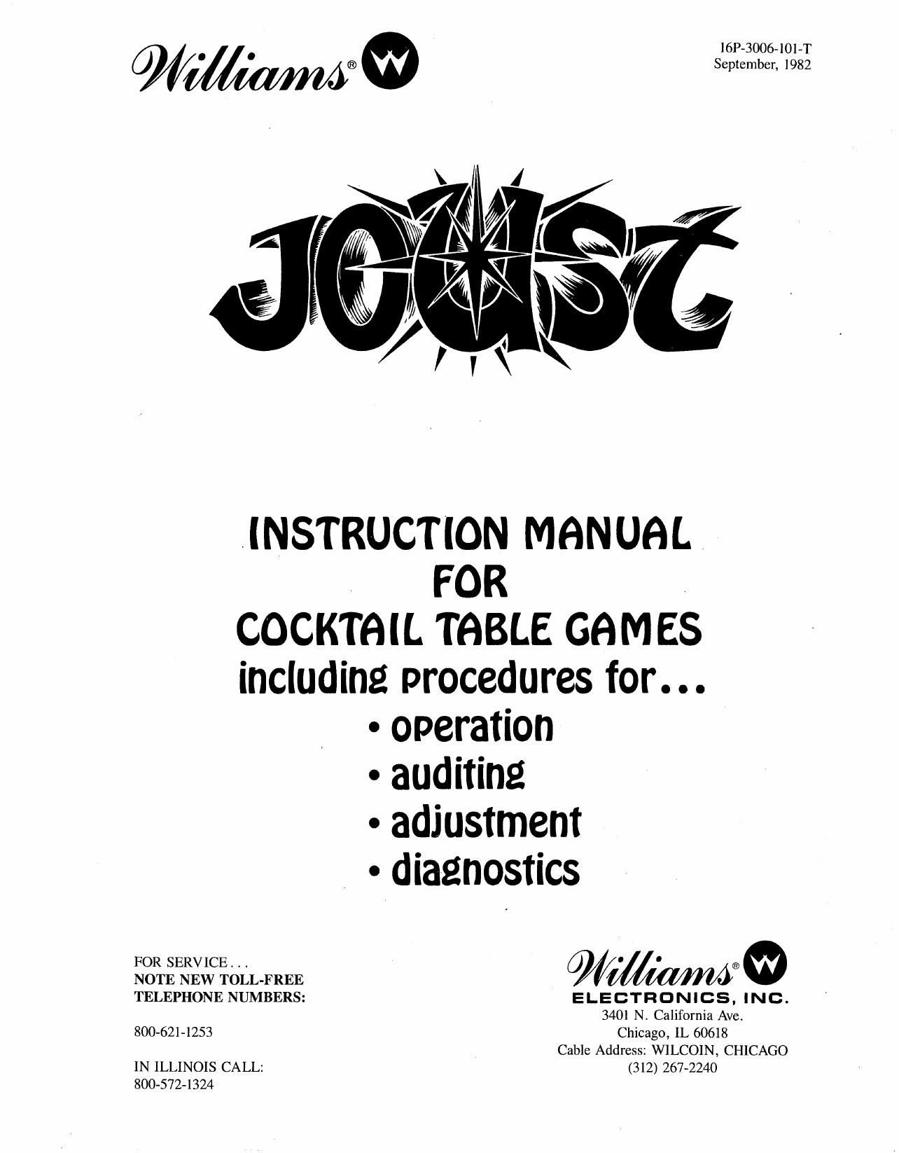 Joust Instruction Manual For Cocktail Table Games (16P-3006-101-T) Sept 1982