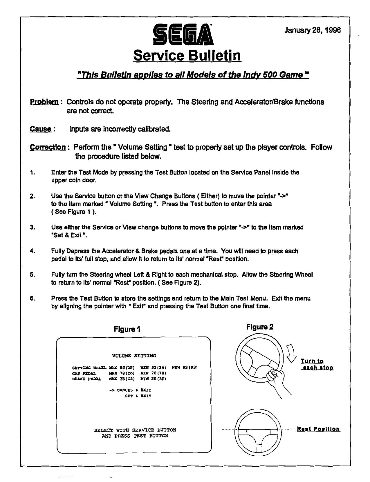 Indy 500 Service Bulletin All Models (Jan 26 1996)