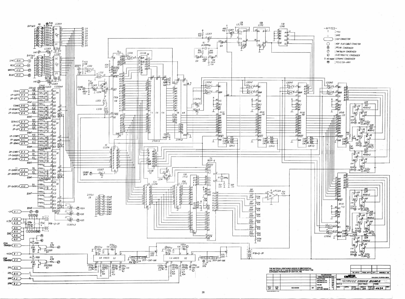 Gyruss Schematic Centuri (Sound PCB 010-4624) 4-28-83