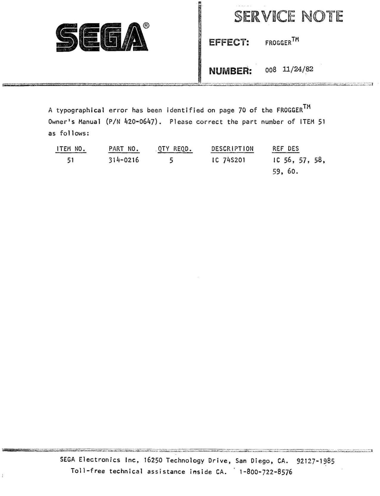 Frogger (Service Note 008) 11-24-1982