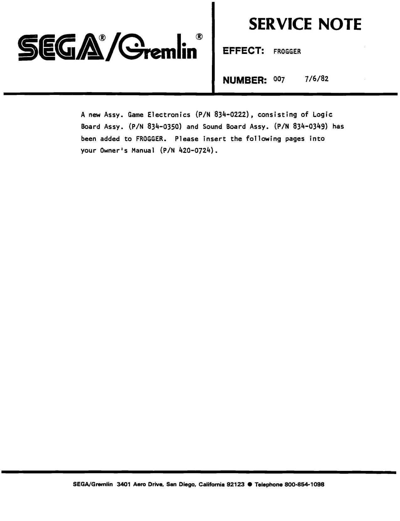 Frogger Service Note 7 dated 7-6-1982