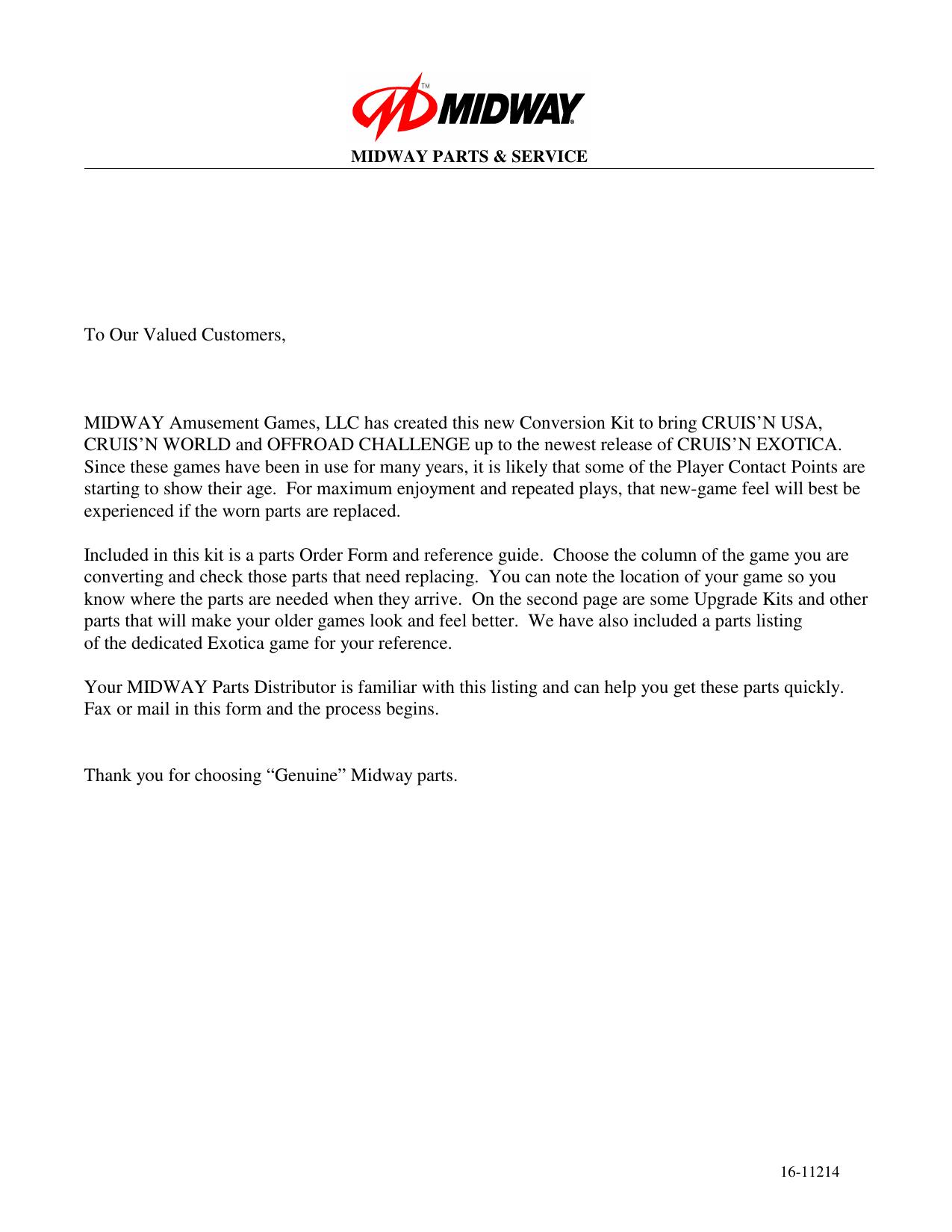 Cruisn Exotica Parts Order Form