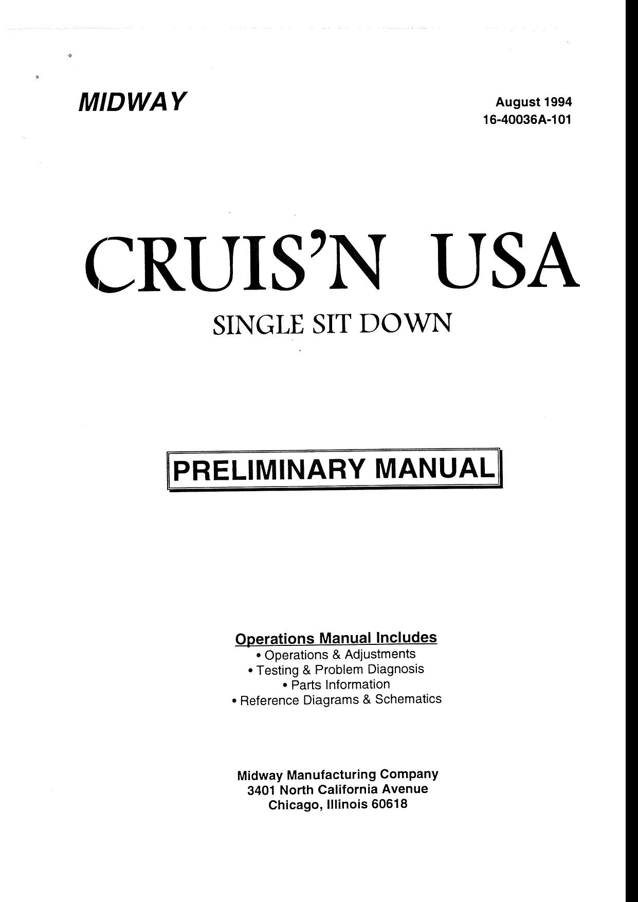 Cruis'n USA Single Sitdown Preliminary (16-40036A-101 Aug 1994)