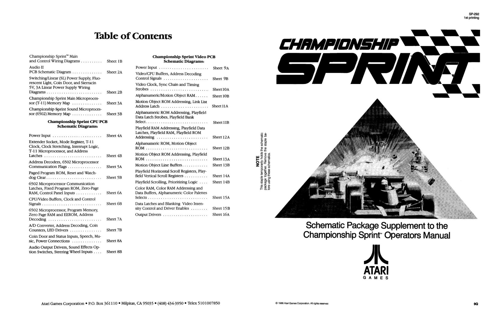 Championship Sprint Schematic SP-292 1st Printing