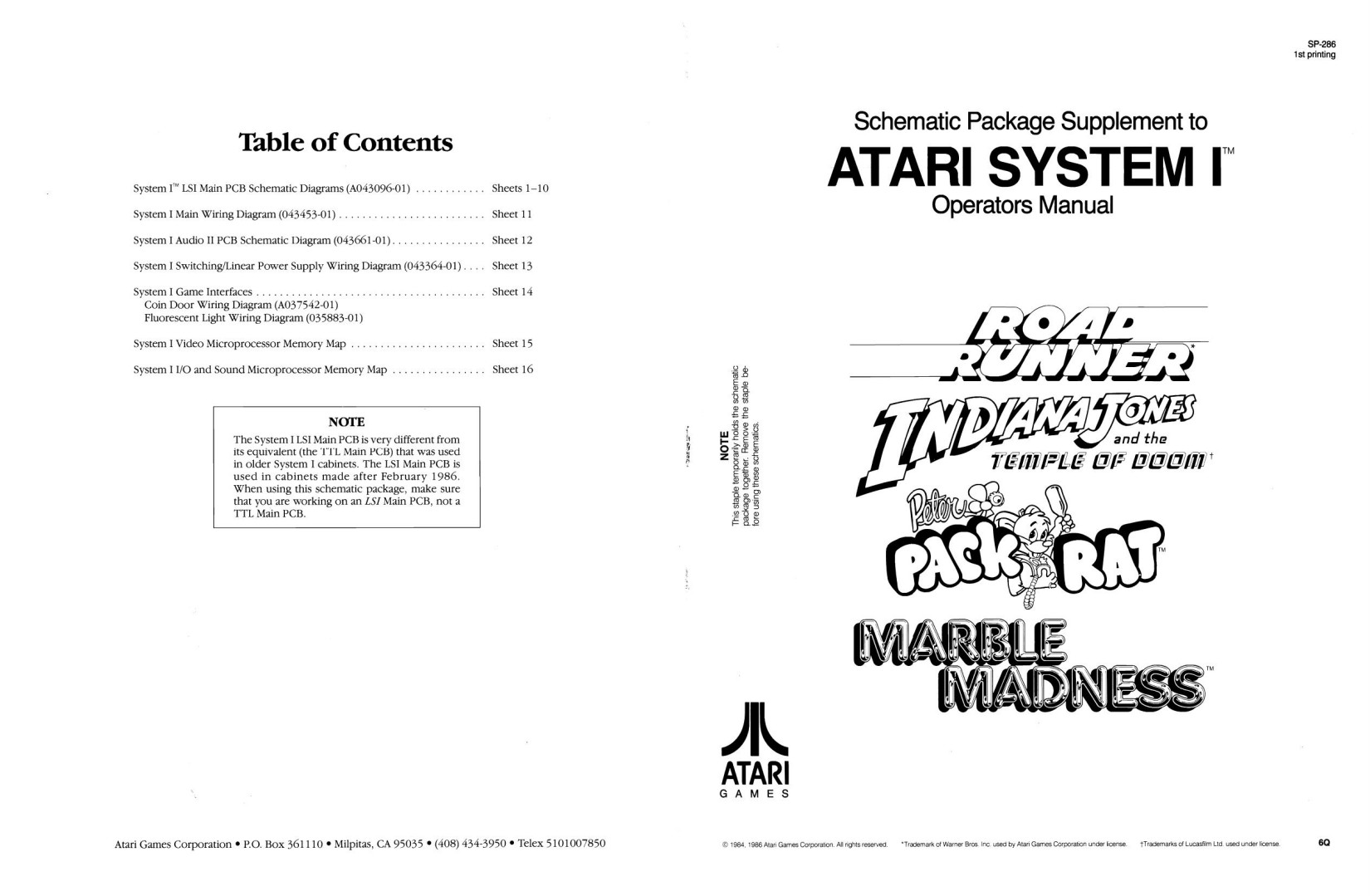 Atari System 1 SP-286 1st Printing
