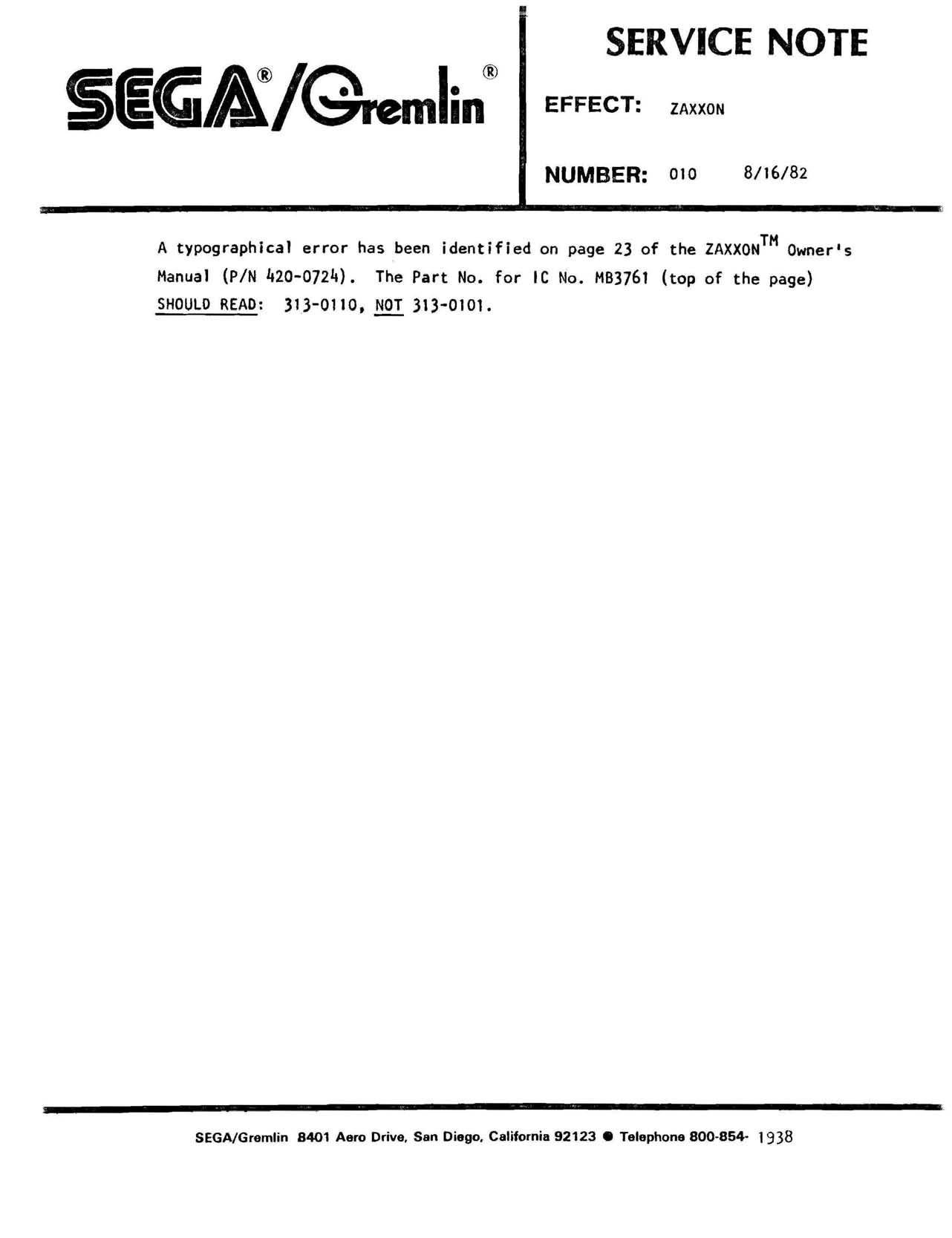 Zaxxon Service Note 010 (08-16-1982)