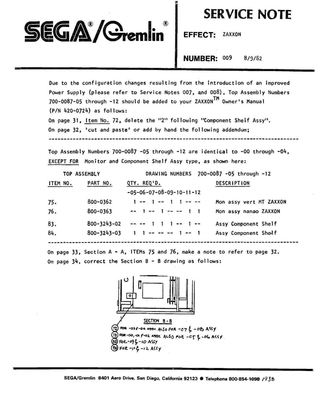 Zaxxon Service Note 009 (08-09-1982)