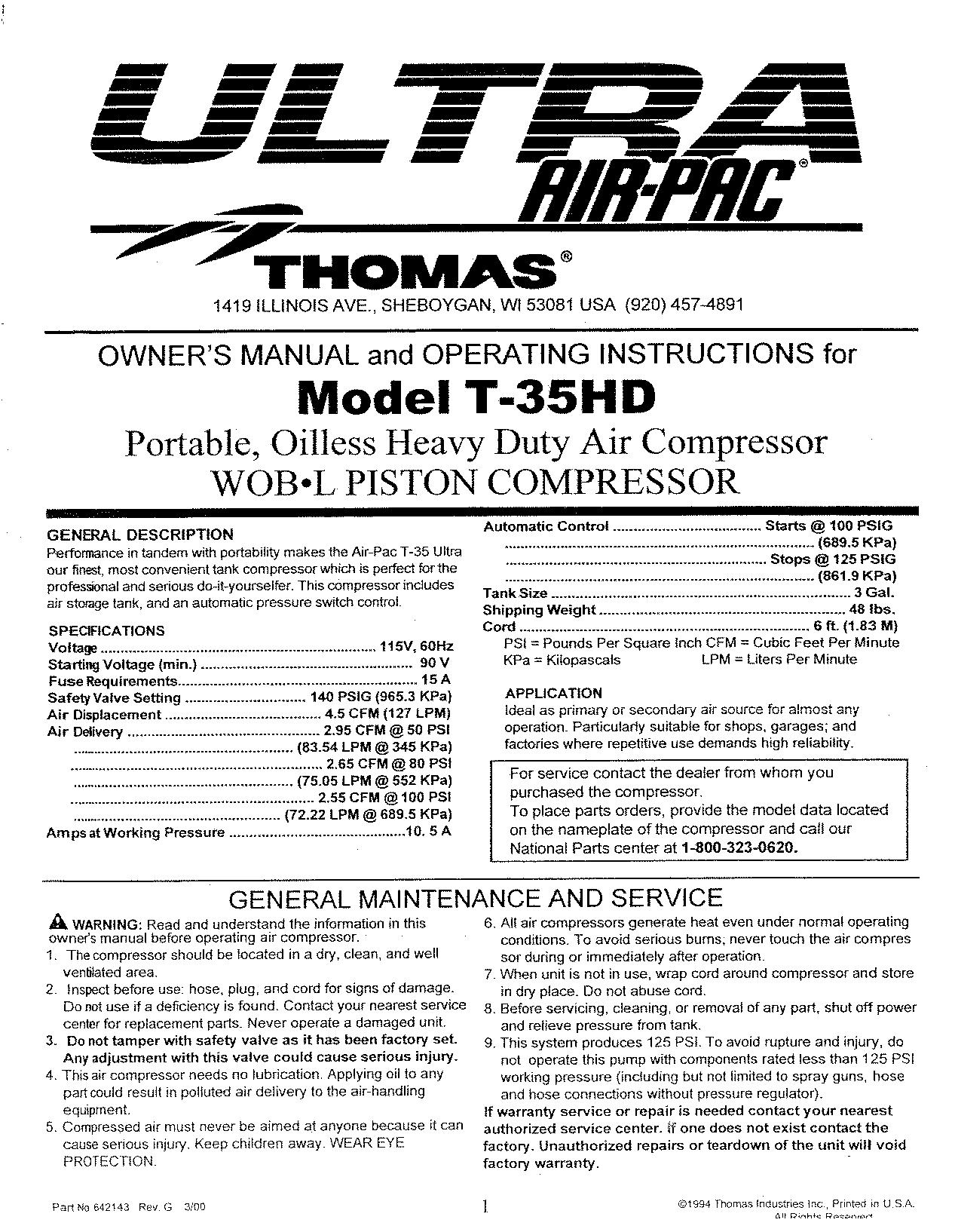 Wave Runner GP Thomas Compressor Manual