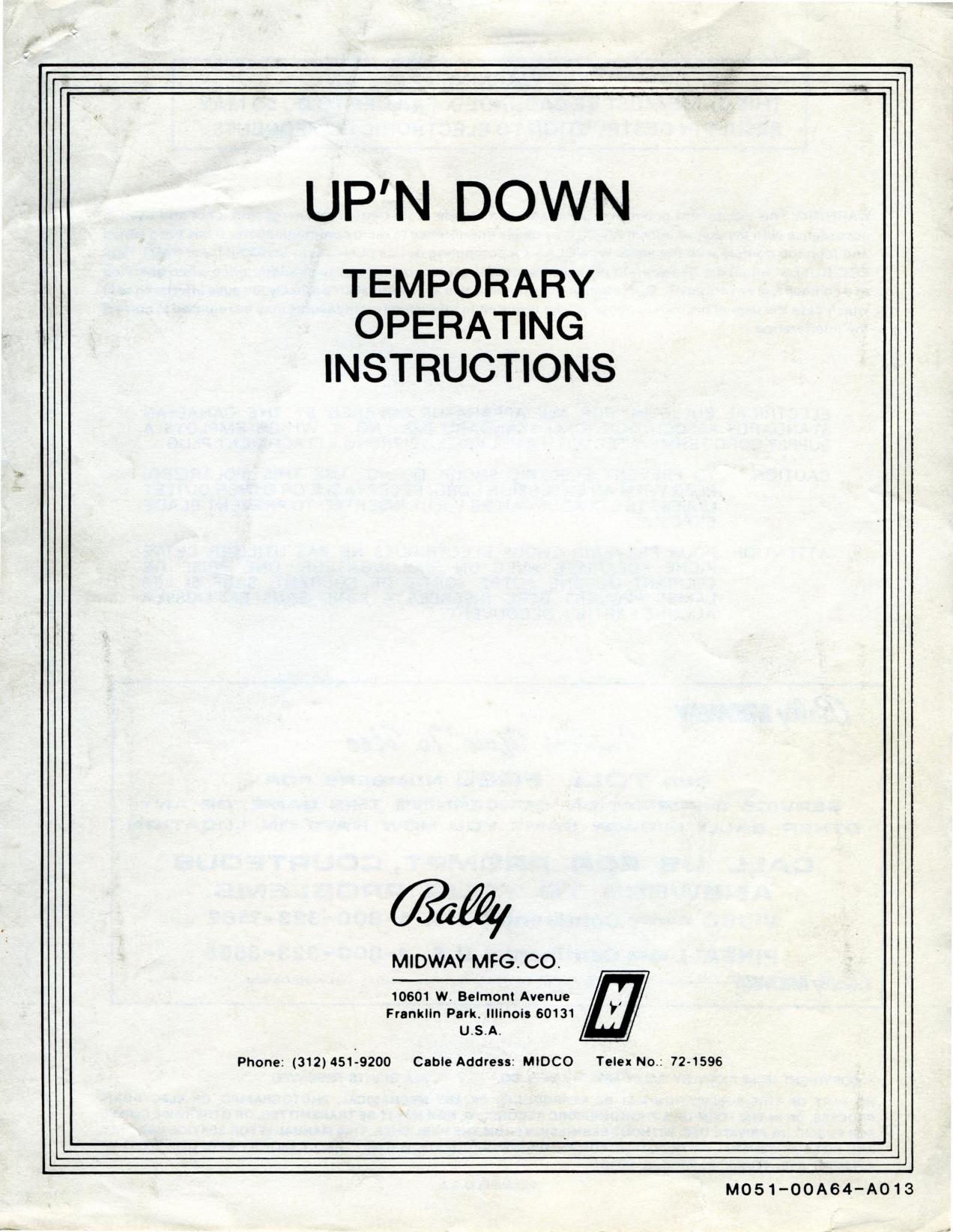 Up'N Down Temporary Operating Instructions